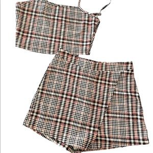 Shein Pink Black Plaid Cropped Tank and Skort Set size CS